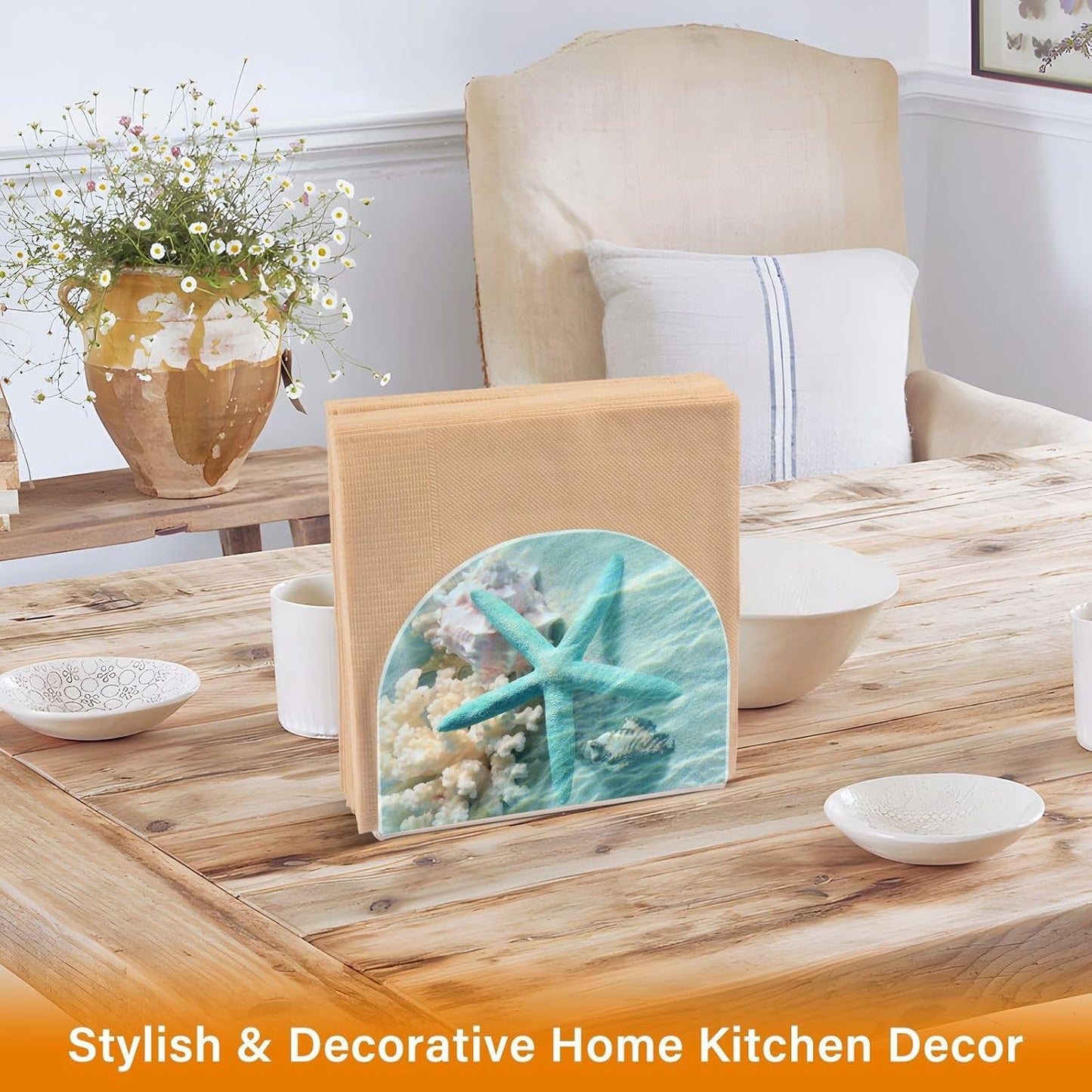 Seashell Starfish Summer Beach Napkin Holder for Table Paper Napkins Holder Acrylic Tissue Dispenser Kitchen Dining Room Bathroom Party Car Decor