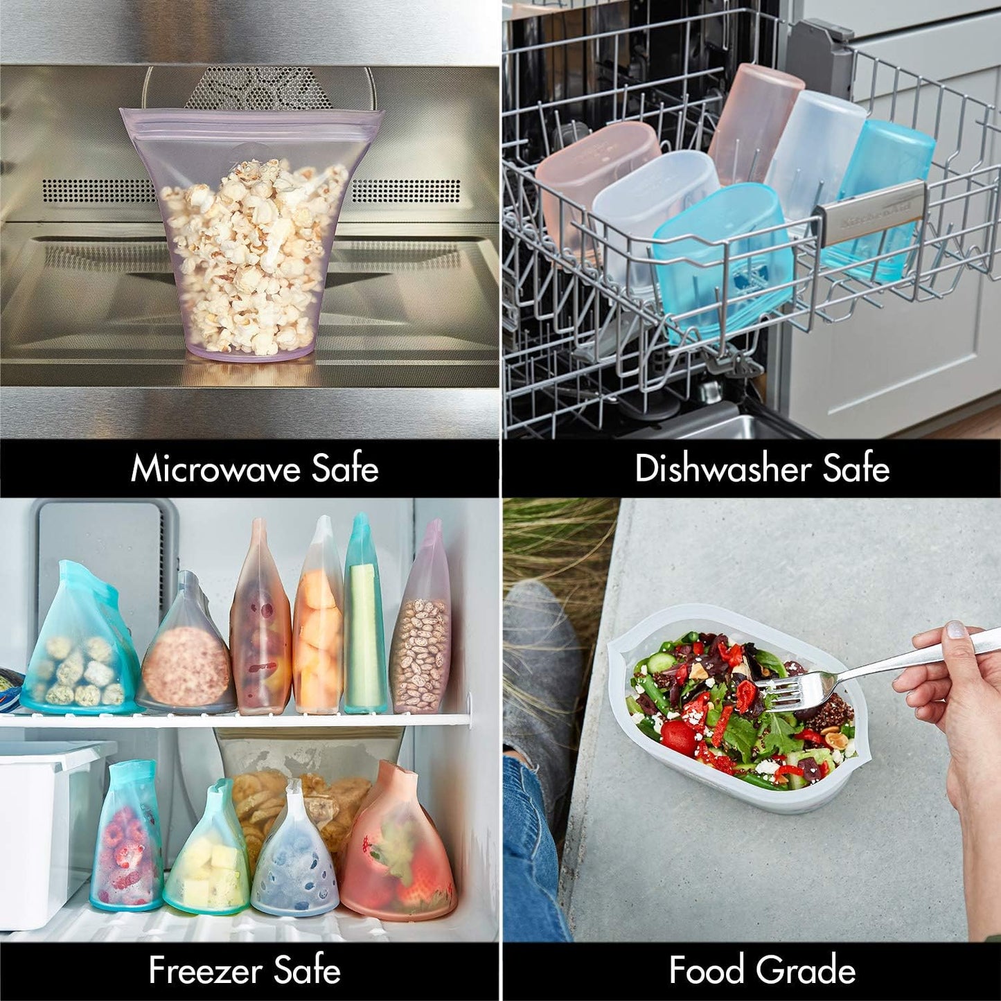 Zip Top Reusable Food Storage Bags | Large Dish [Frost] | Silicone Meal Prep Container | Microwave, Dishwasher and Freezer Safe | Made in the USA