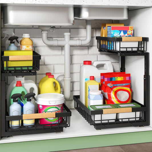 Under Sink Organizer, 2 Packs 2 Tier Under Sink Organizers and Storage, Slide Out Pull Out Cabinet Organizer Shelf, Metal Sliding Drawer for Kitchen Bathroom Pantry Cabinet Closet Organization Rack