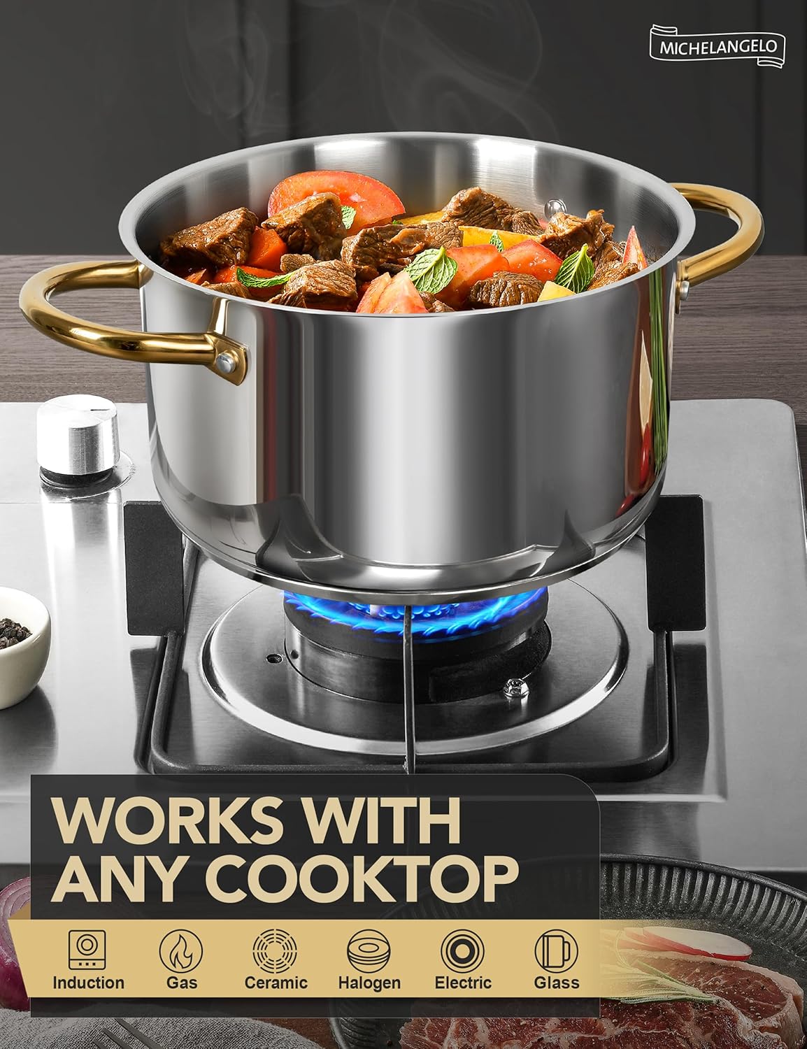 MICHELANGELO Stainless Steel Stock Pot - 8 Quart With Lid, Induction Compatible, Riveted Handle, Oven & Dishwasher Safe