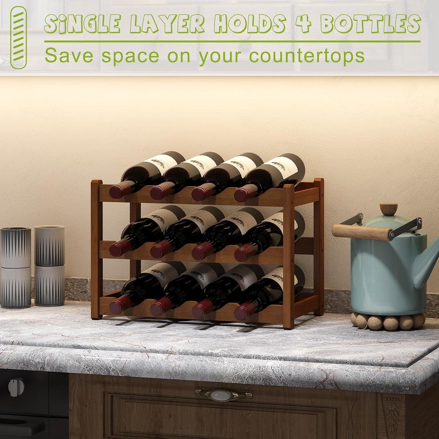 BMOSU Bamboo Wine Rack Wine Storage Cabinet Shelf 12 Bottle Wine Racks Countertop Sturdy for Kitchen Dining Room Pantry - 3 Tiers Wine Rack(Brown)