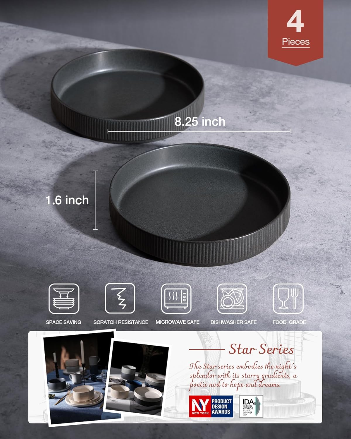 famiware Star 8.25" Pasta Bowls, Large Dinner Bowls Set of 4, Salad Bowl Plates, Shallow Bowls for Eating, Matte Dark Charcoal (Full Glaze)