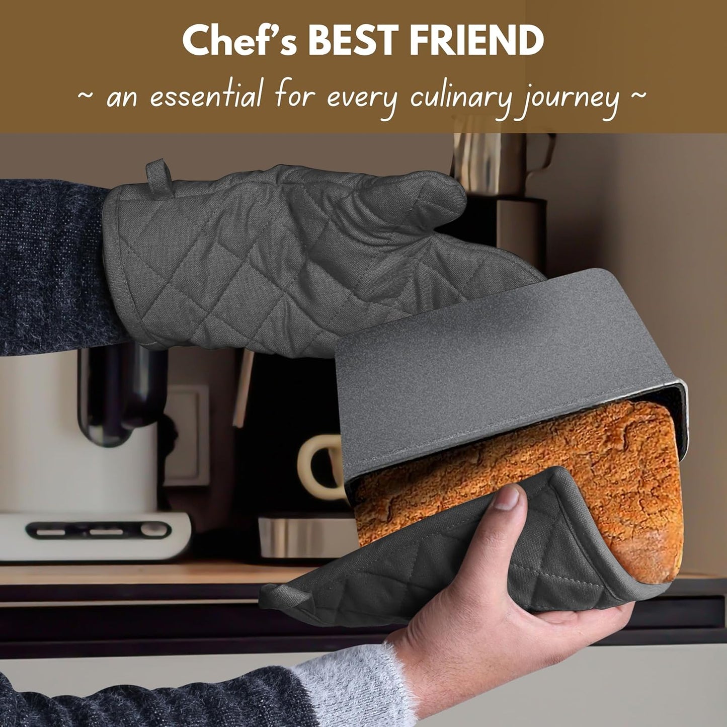 Native Fab Farmhouse Oven Mitts and Pot Holders Set of 4, Heat Resistant Non-Slip Machine Washable, 100% Cotton Kitchen Pot Holders Oven Mitts Sets Grey