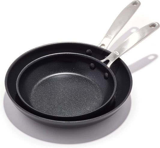 OXO Enhanced 8" and 10" Frying Pan Skillet Set, Healthy Ceramic Nonstick, PFAS-Free, Stainless Steel Handle, Dishwasher Safe, Oven Safe, Black