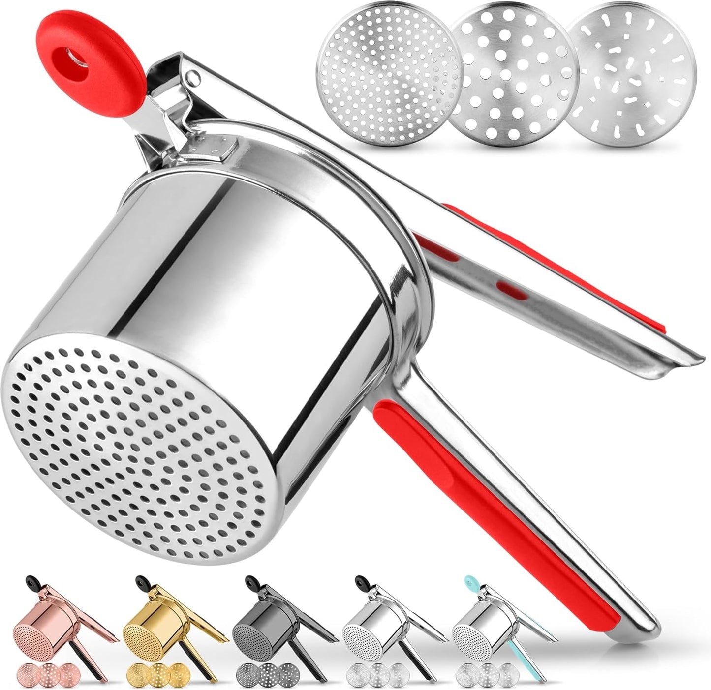 Zulay Kitchen Premium Large 15oz Potato Ricer, Heavy Duty Professional Stainless Steel Potato Masher and Ricer Kitchen Tool, Press and Mash Kitchen Gadget - Red and Silver
