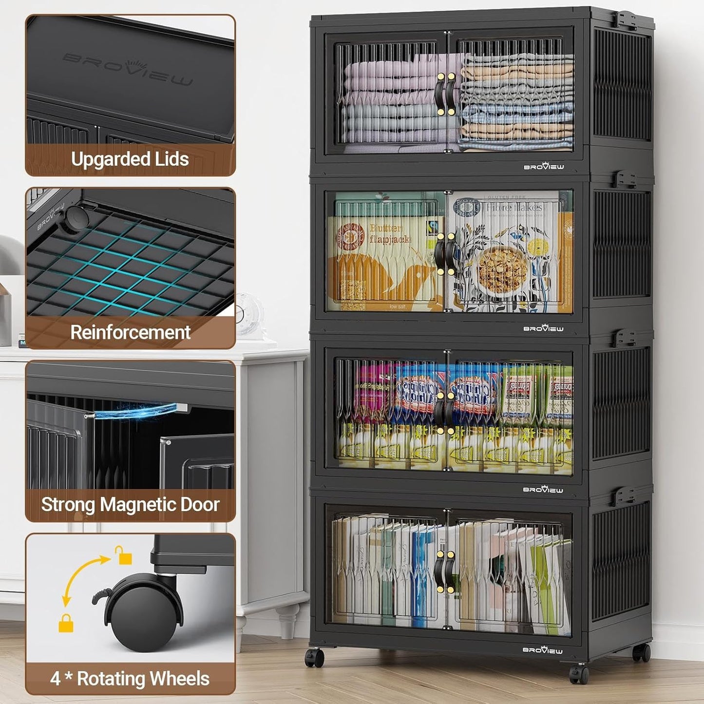 480Qt Stackable Storage Bins with 4 Lids, Extra Large Closet Organizer Collapsible Drawer Boxes with Wheels, Folding Plastic Cabinet Containers for Home Kitchen Room Organization, 4Pack Black
