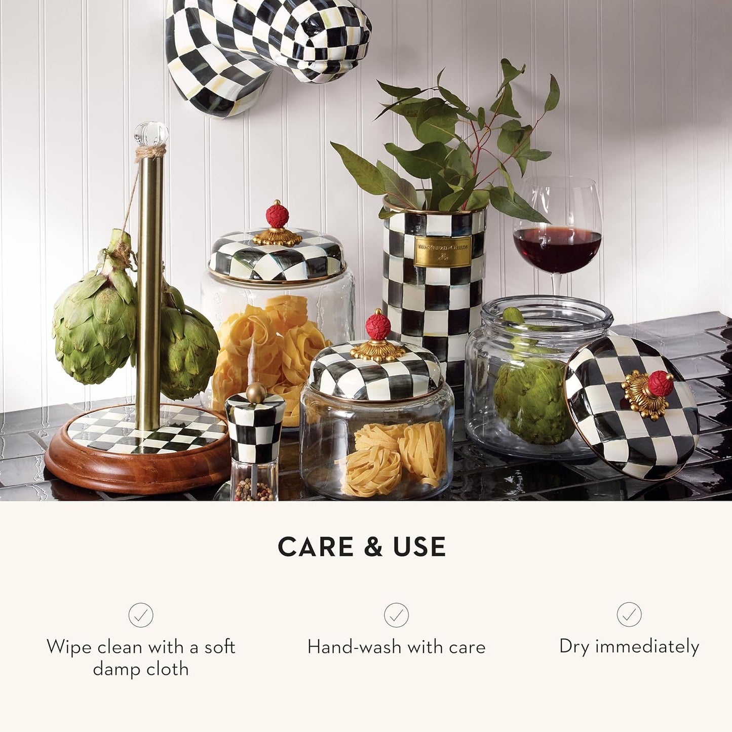 MACKENZIE-CHILDS Enamel Utensil Holder, Kitchen Utensil Holder for Countertop, Storage Caddy, Black-and-White Courtly Check
