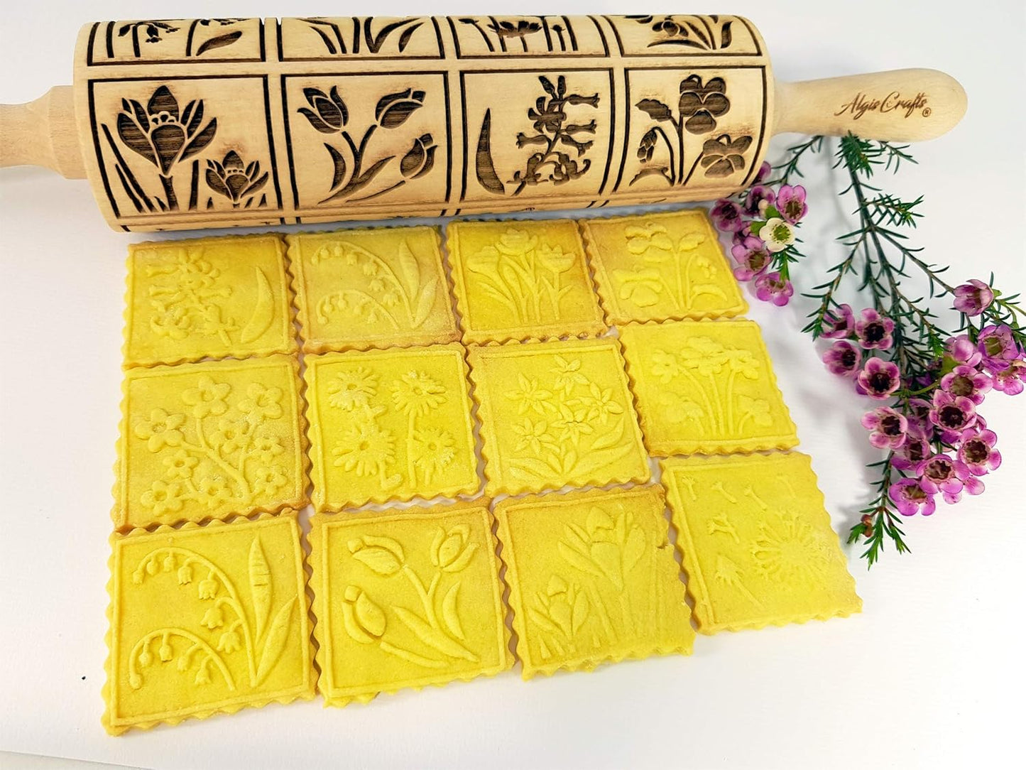 Embossing Rolling Pin SPRING FLOWERS with 16 different spring flowers by Algis Crafts