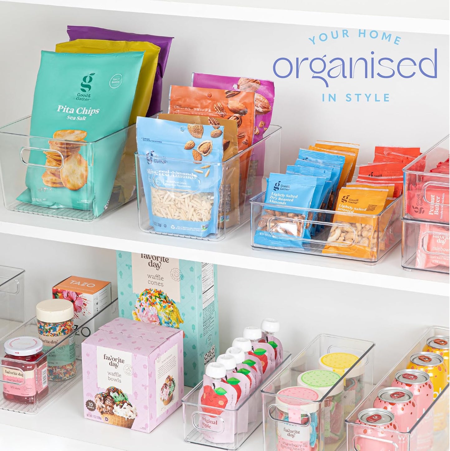 Plastic Food Storage 2 Pack Clear Container Bin with Handles for Organizing Kitchen, Pantry, Refrigerator, Freezer, Pantry, Cabinet, Closet, Bathroom. 10”x6”x5”