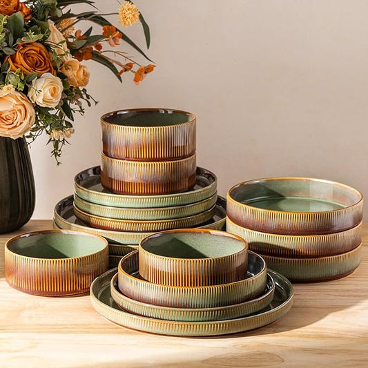 TheTerra Ceramic Dinnerware Sets with Pasta Bowls for 4, 16 Pieces Porcelain Lightweight Plates and Bowls Sets, Scratch Resistant Dish Set, Oven & Microwave & Dishwasher Safe, Sage Umber