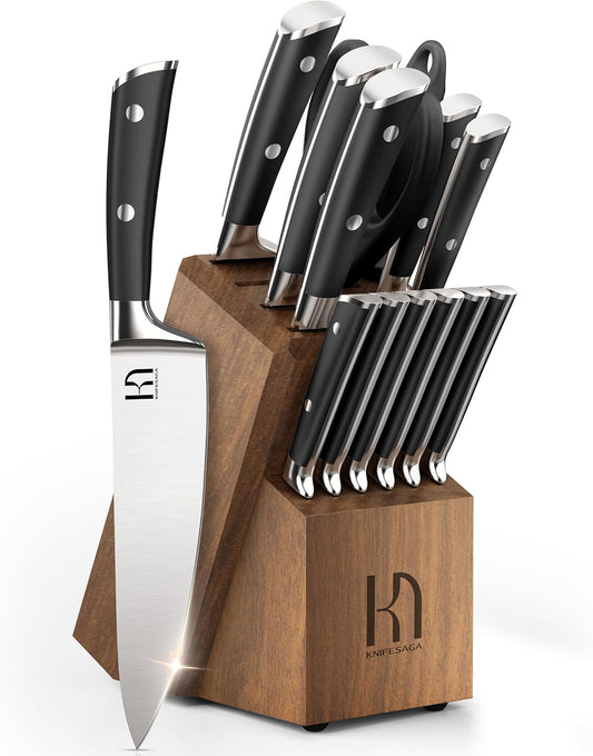 Knife Set 15 Pcs Japanese High Carbon Stainless Steel Kitchen Knife Sets with Block and Sharpener, Premium Razor Sharp Black Knives Block Set for Kitchen with Ergonomic Full-tang Handle