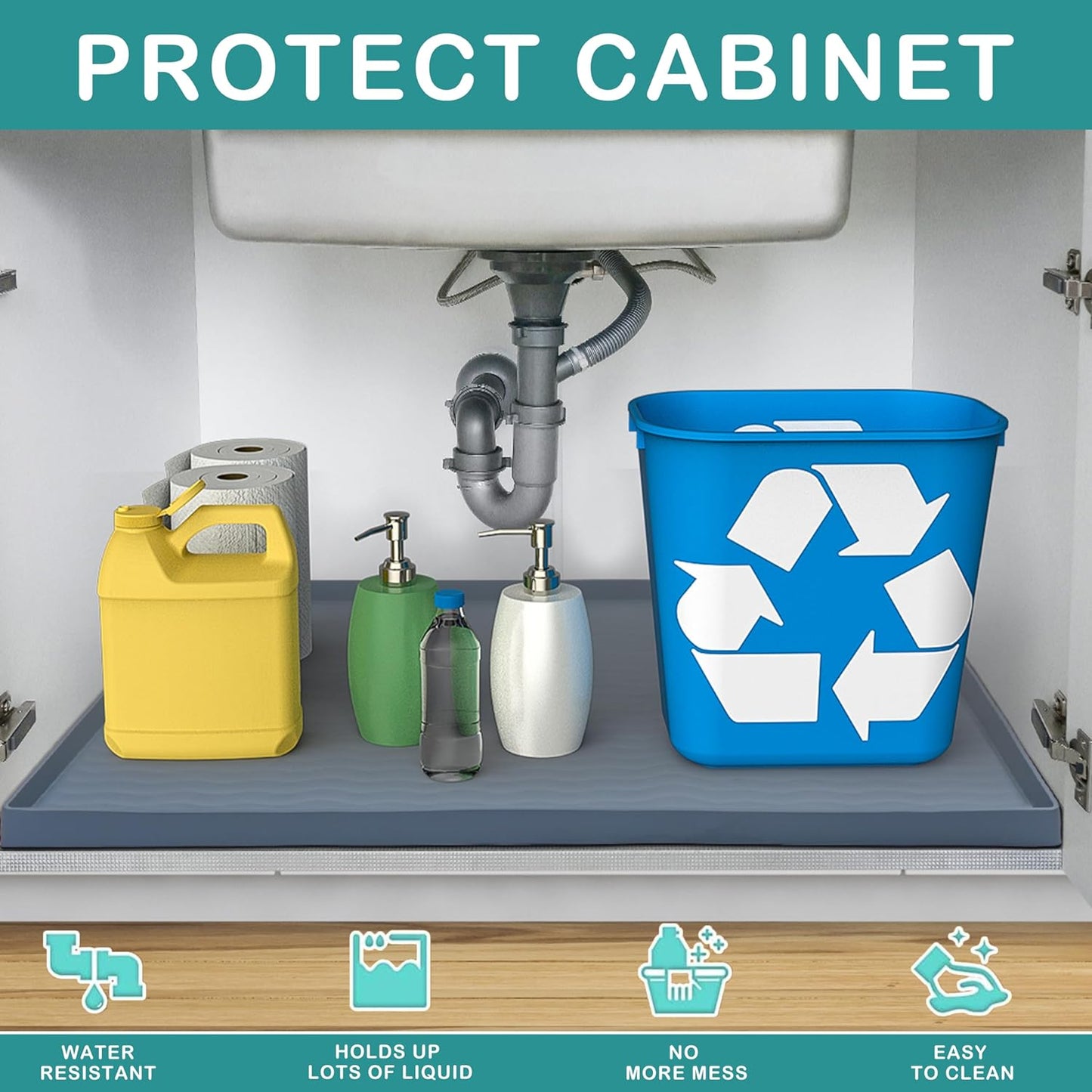 URMONA Waterproof Silicone Under Sink Mat 28'' x 22'' Shelf Liner for Kitchen and Bathroom, Cabinet and Counter Protector, Storage and Organizers, Litter Mat, Pet Cat Puppy Essentials(Cream)