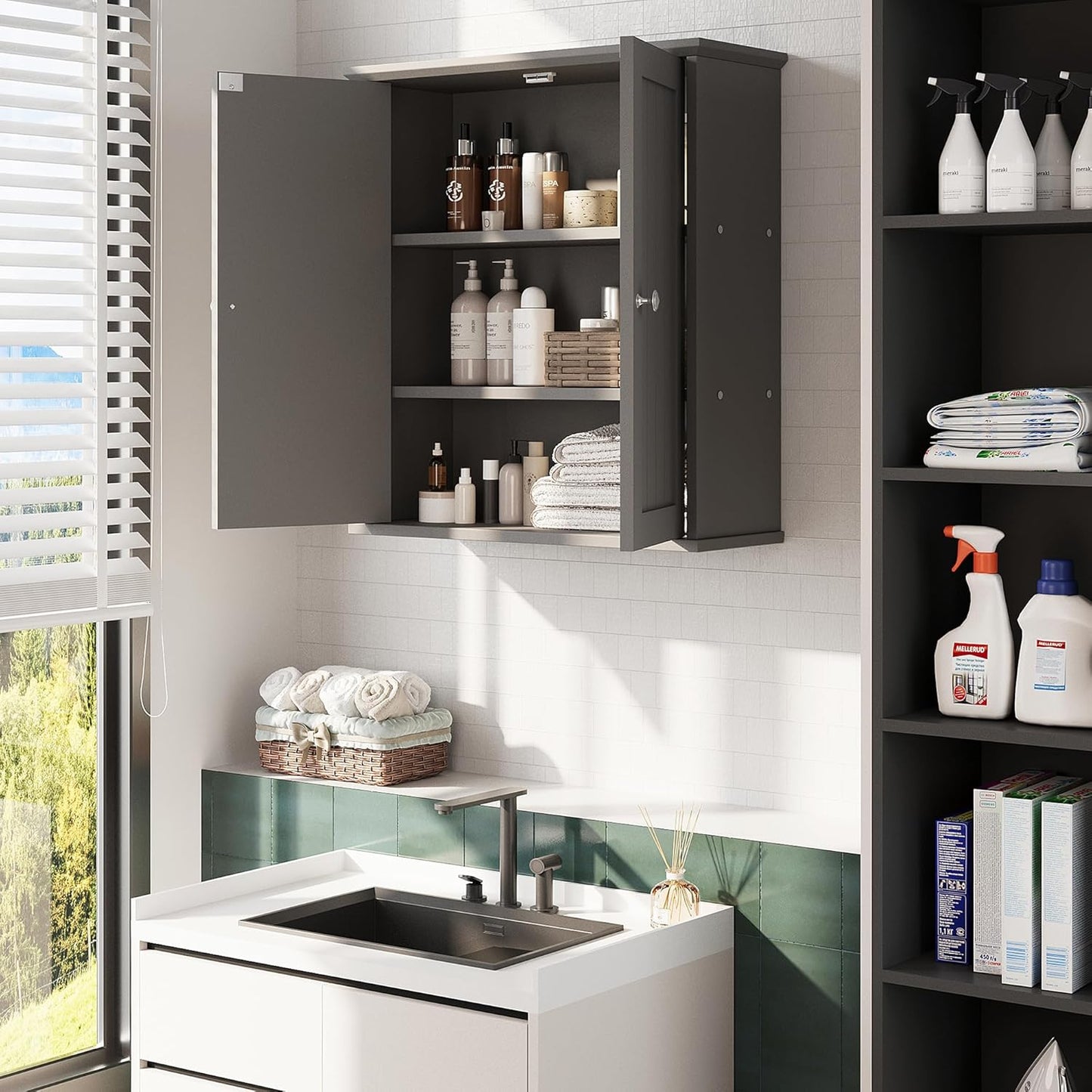 Meilocar Bathroom Wall Cabinet, Bathroom Cabinet Wall Mount, Over Toilet Space Saver Storage Cabinets Wall Mounted, Wood Medicine Cabinets with Doors, Grey