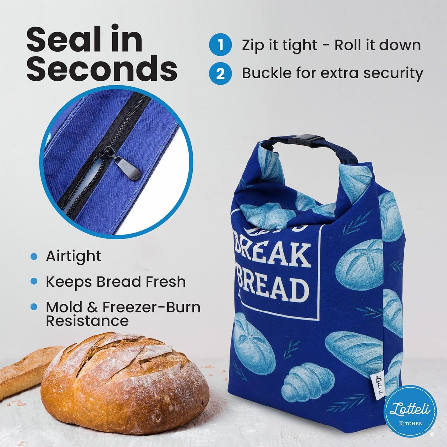 LOTTELI Reusable Bread Bags for Homemade Loaves – 2 Pack Cloth Sourdough Bread Bags - Freezer Storage with Zipper, Buckle & Date-Label Pocket - Eco-Friendly & Washable