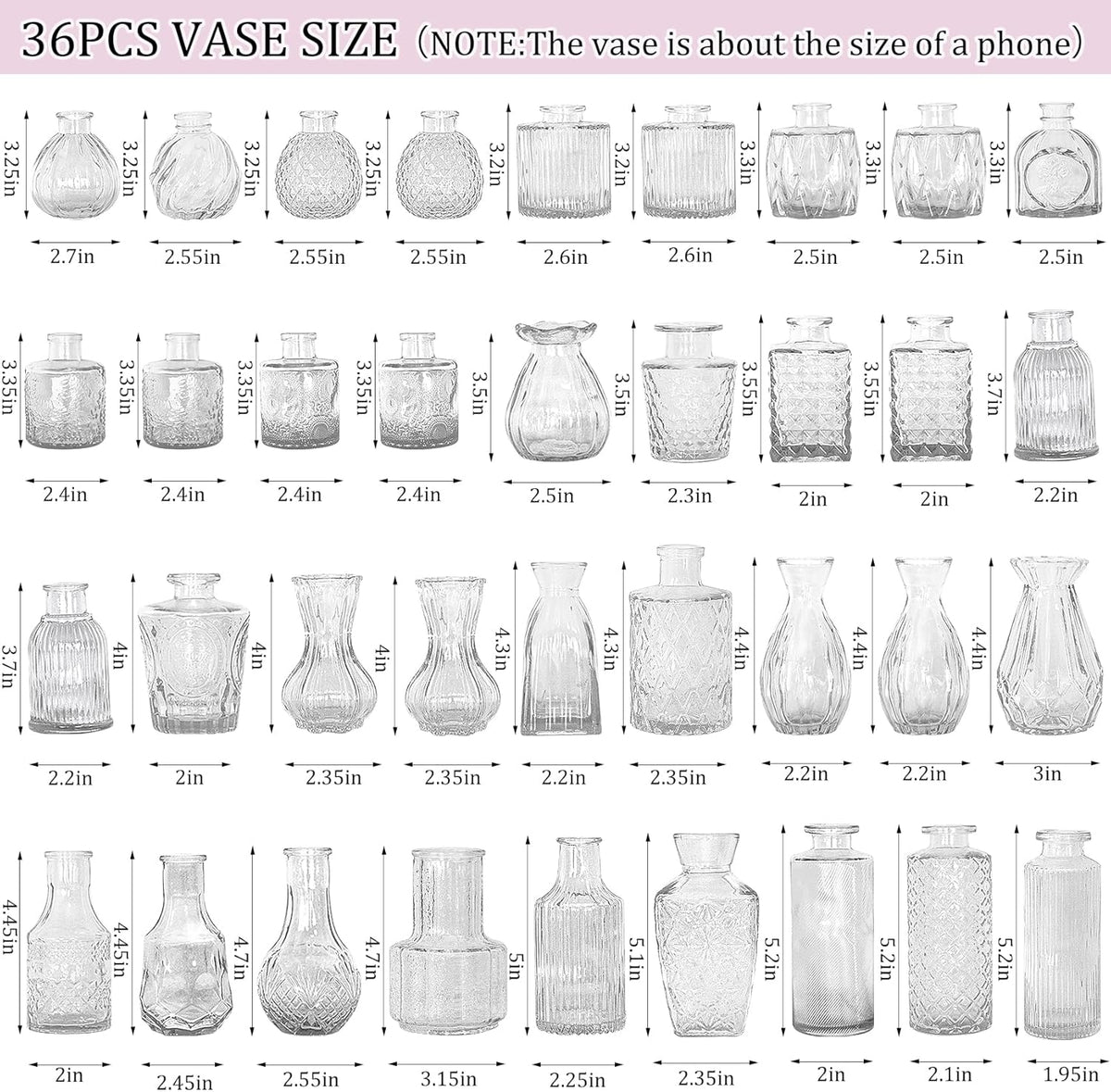 36Pcs Bud Vases Set Small Vintage Glass Bottles Clear Bud Vases in Bulk Multiple Shape Cute Glass Vases for Rustic Wedding Centerpieces Table Decorations and Home Decor(Clear)
