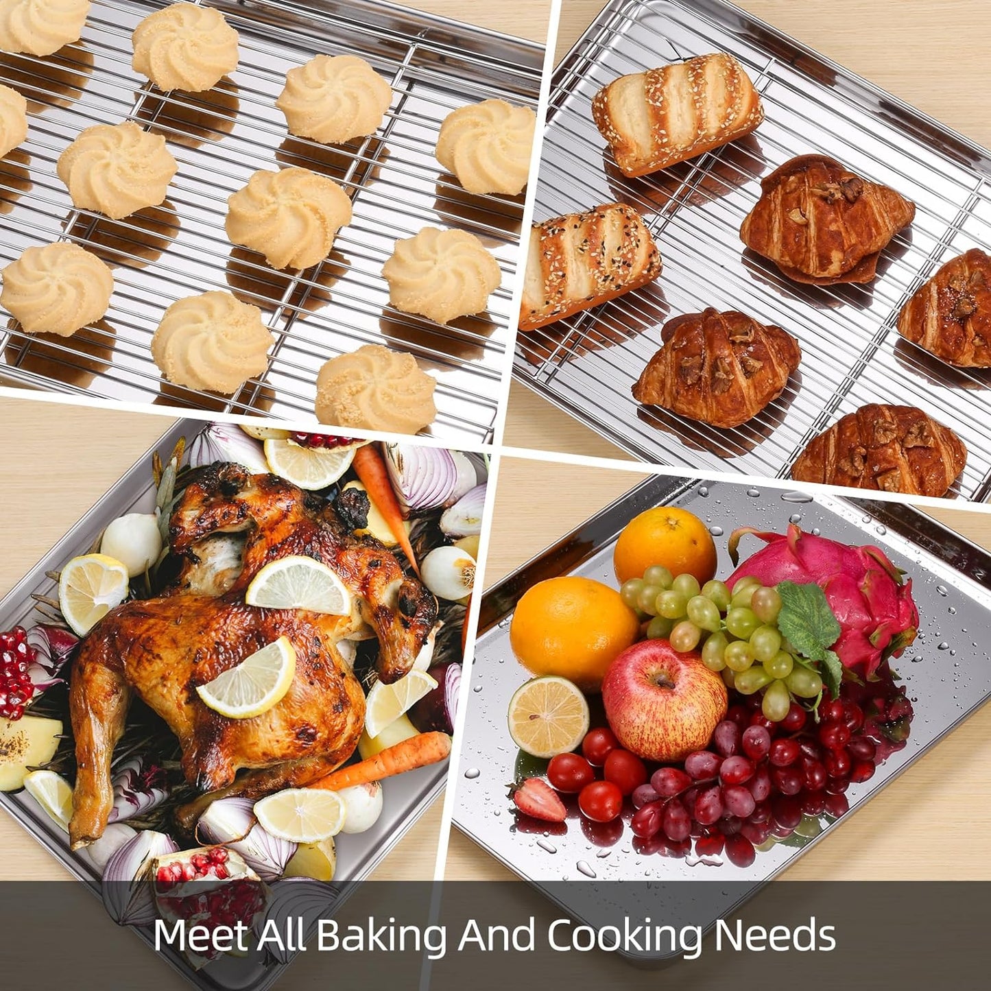Baking Sheet with Cooling Rack Set of 6, 3 Premium Stainless Steel Cookie Sheets and 3 Wire Racks, Kitchen Nonstick Baking Pans Set Includes 3 Different Sizes, Heavy Duty Non Toxic