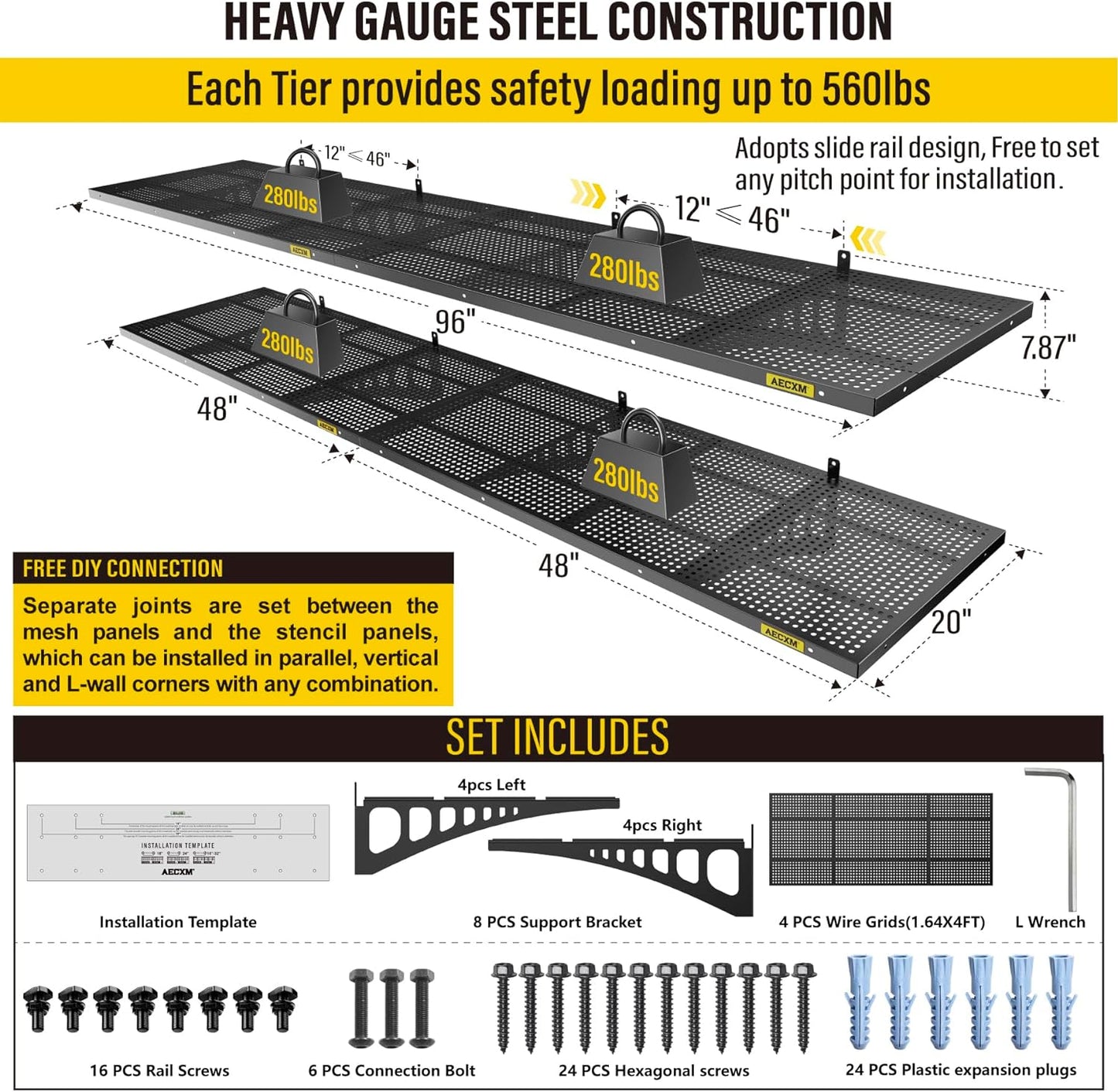 4-Pack 1.64x4ft Adjustable Garage Wall Shelving 1120lbs Load Capacity Heavy Duty Wall Mounted Storage Shelf Metal Floating Shelves for Garage(Black)
