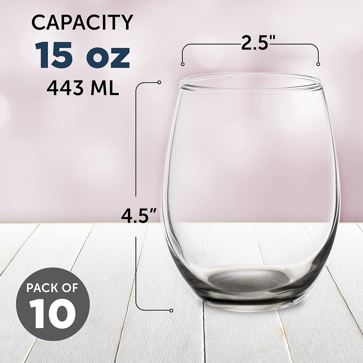 DISCOUNT PROMOS Stemless Wine Glasses in Bulk by ARC Perfection, 15 oz, 10 pack, Red or White Wine Glass Set, Black