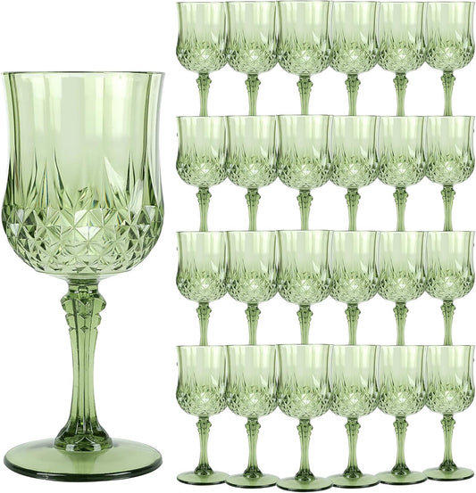 Plastic Wine Glasses，Plastic Goblets Vintage Style Cordial Drinking Glasses for Wedding Reception, Grand Event Party Supplies (24, New Green)