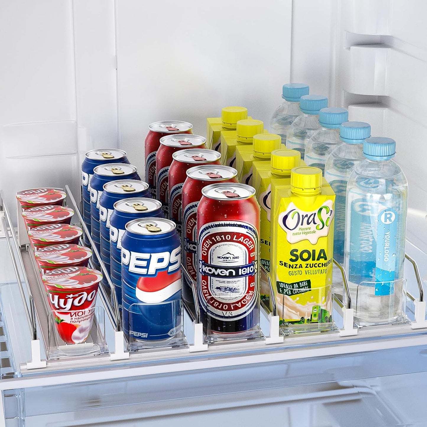 Soda Can Dispenser for Refrigerator,Self-Pushing Drink Organizer for Fridge, Width Adjustable Fridge Organization, Beer Pop Can Water Bottle Drink Dispenser for Fridge (15.1" D) White (5 Row, White)