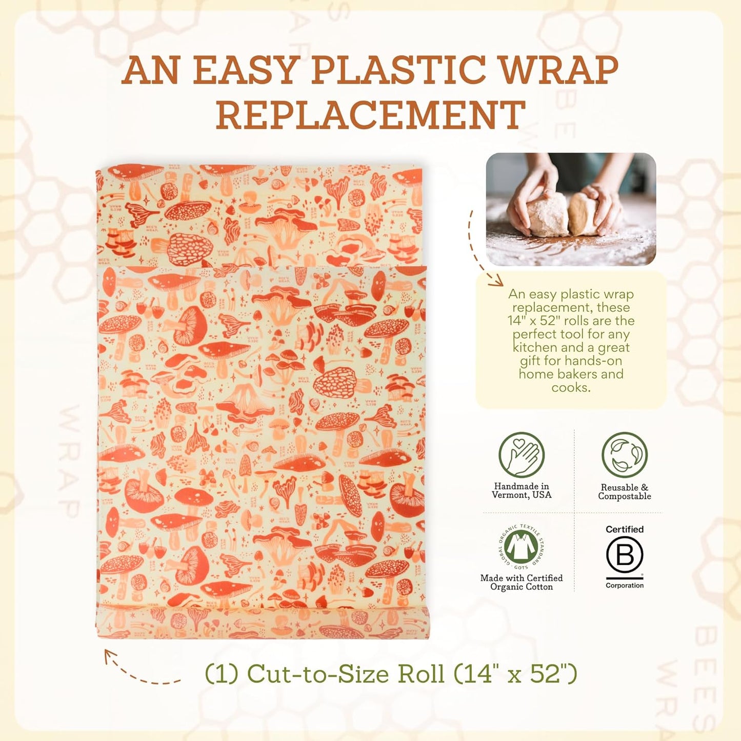 Bee's Wrap Beeswax Wraps for Food - Mushroom Magic Cut to Size 14x52" Wax Paper Roll - Made in USA Reusable Waxed Paper & Bowl Covers - Organic Eco-Friendly Alternative to Aluminum Foil & Plastic Wrap