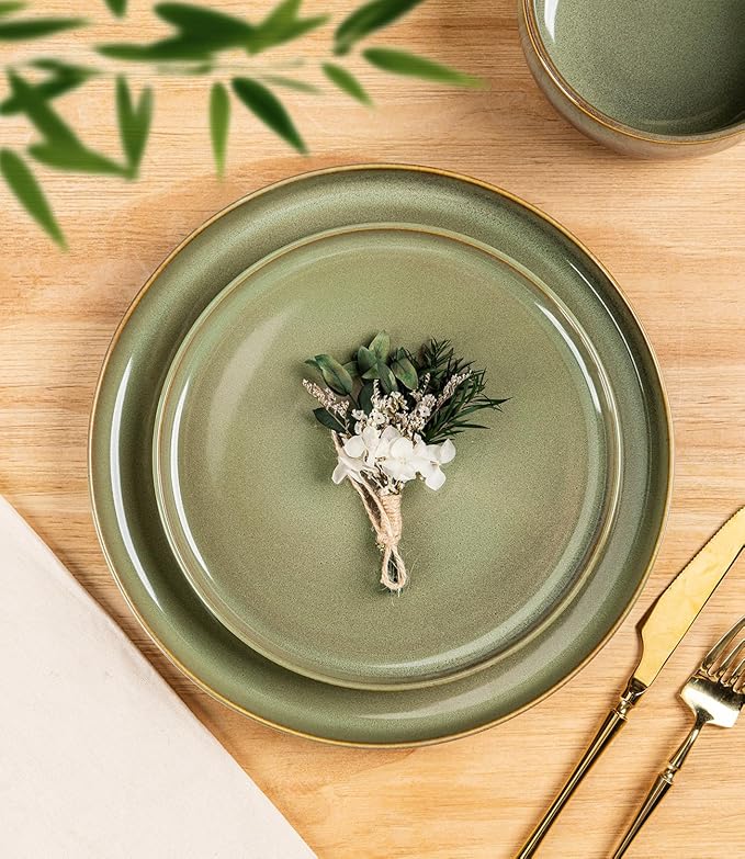 TheTerra Ceramic Dinnerware Sets for 4, 12 Pieces Handmade Reactive Glaze Plates and Bowls Set, Scratch Resistant Dish Set, Oven & Microwave & Dishwasher Safe, Sage Umber