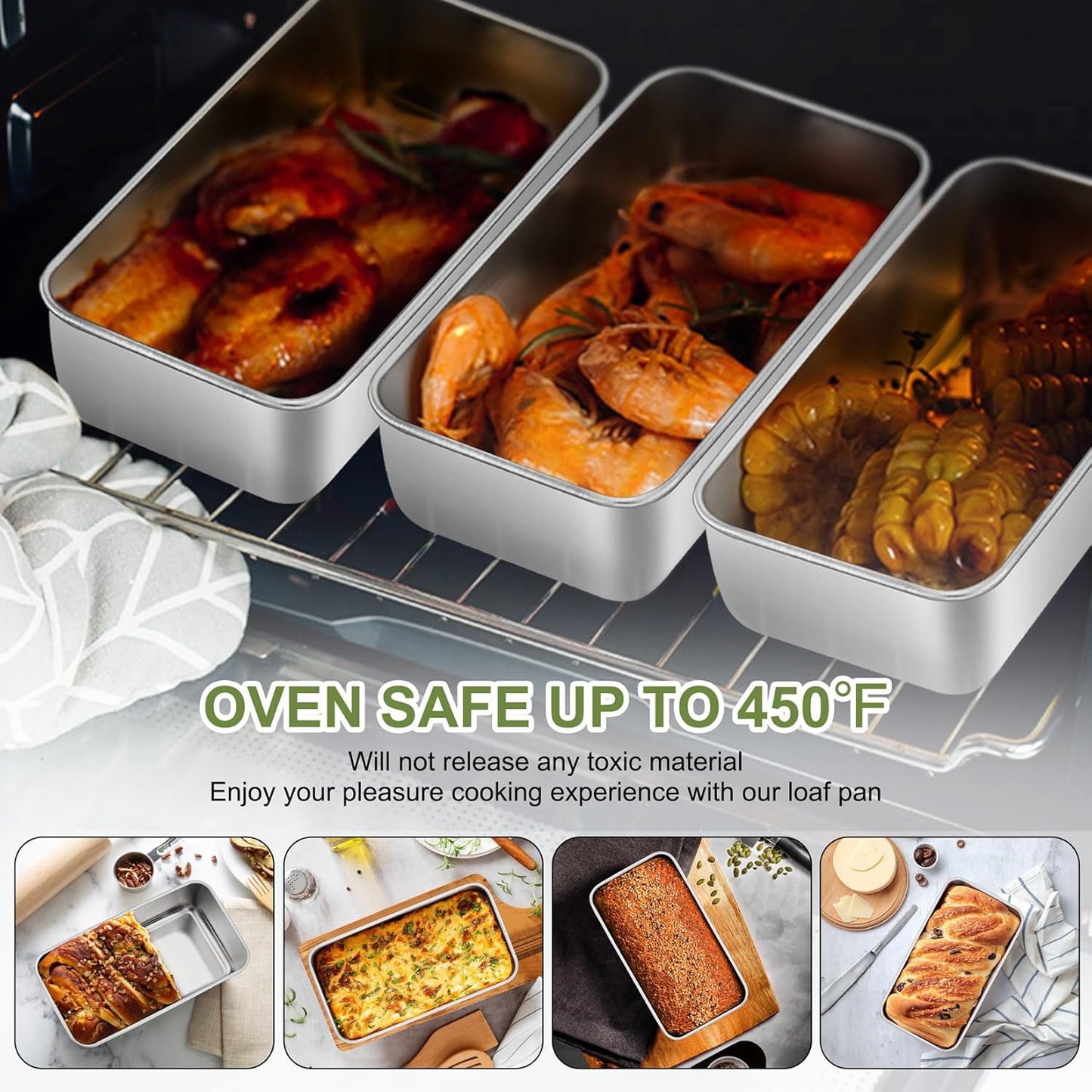 P&P CHEF Loaf Pan Set, 9-inch Bread Pans, Stainless Steel Loaf Toast Baking Pans For Bread Meatloaf Lasagna Cake, Healthy & Non Toxic, Oven & Dishwasher Safe,(Silver, 10Pcs)