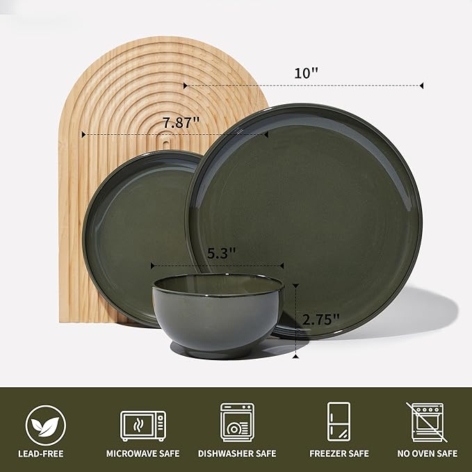 24 Piece Dinnerware Set for 8, Santorini Mist Terracotta Plates and Bowls Sets, Complete Stoneware Dish Set for Large Families and Entertaining, Microwave & Dishwasher Safe, Blackish Green