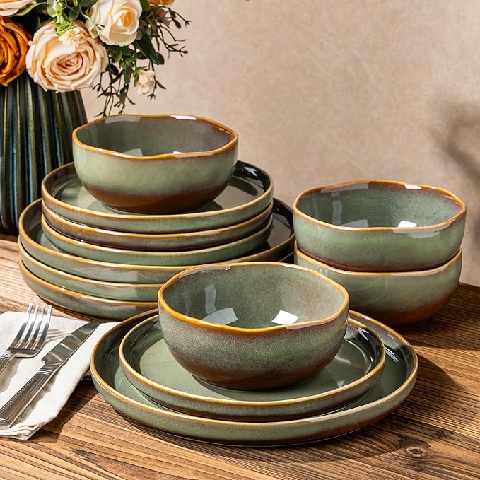 TheTerra Ceramic Dinnerware Sets for 4, 12 Pieces Handmade Reactive Glaze Plates and Bowls Sets, Scratch Resistant Dish Set, Oven & Microwave & Dishwasher Safe, Brown Green