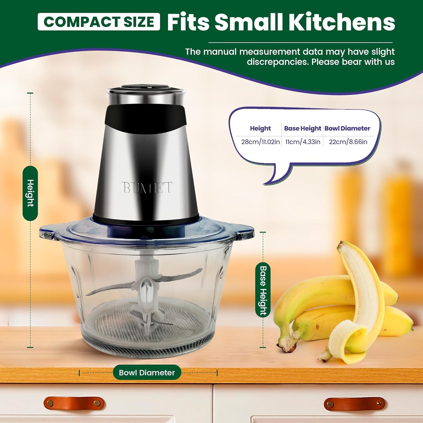 Electric food processor vegetable chopper 500W 2x8cup bowls 2 bi-layer 4 blades Small Food chopper Electric Meat grinder for home use,Mincing, and Puree for kitchen aid, baby foot, pet food by BUMET