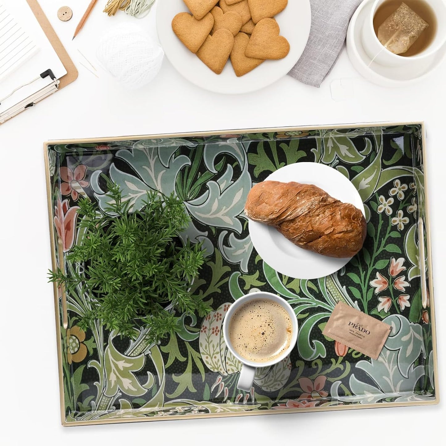 Spsyrine Serving Tray with Handles, Plastic Decorative Tray for Coffee Table, Living Room, Home Decor, Golden Lily
