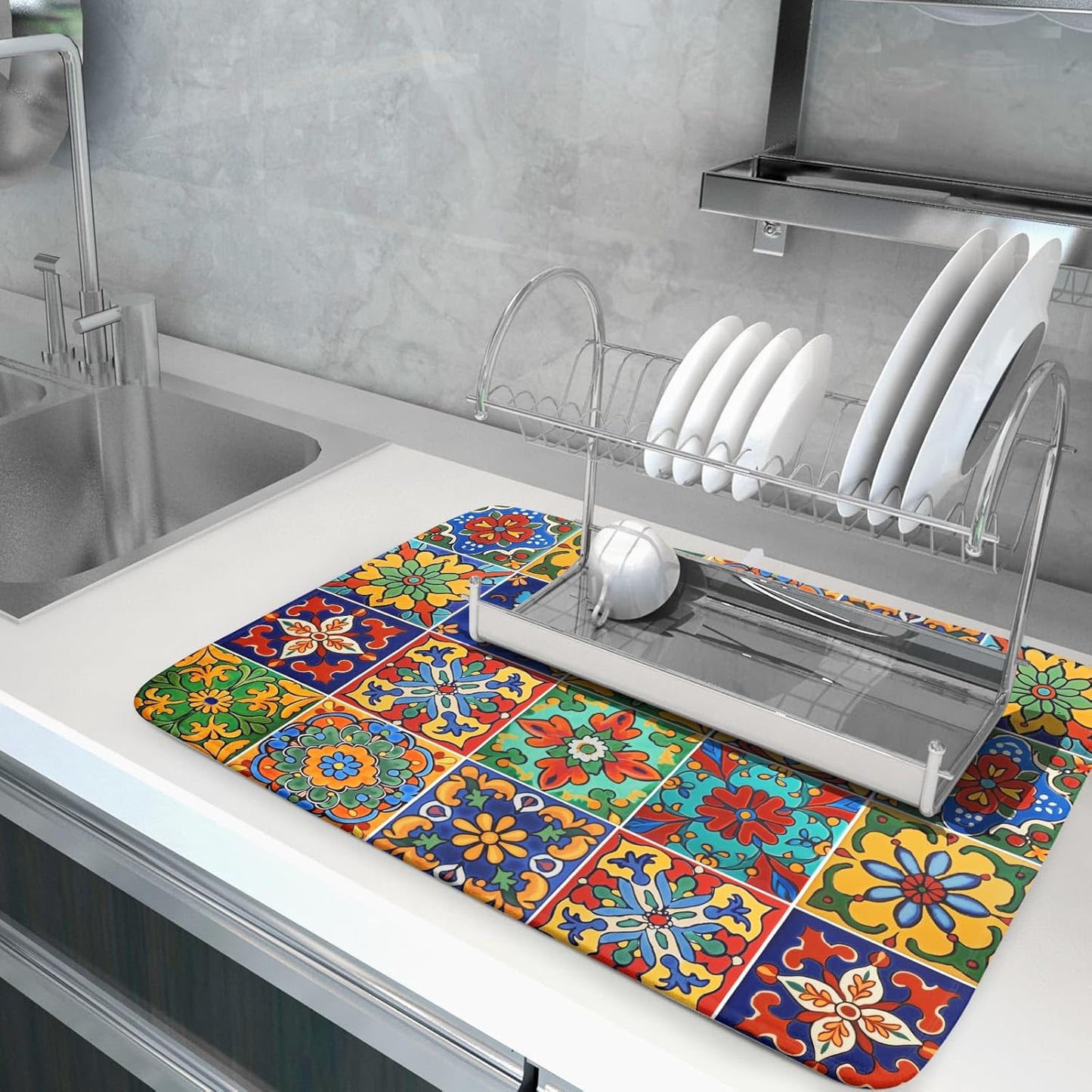 Mexican Tiles Dish Drying Mat for Kitchen Counter Absorbent Microfiber Dish Drying Pad Kitchen Gadgets Multi-use
