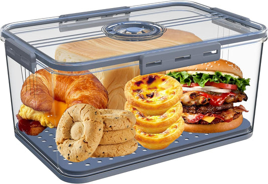 Bread Box Bread Boxs with Lid for Kitchen Counter, 10L Airtight Loaf Bread Storage Container，Time Recording Bread Keeper for Homemade Bread, Toast, Bagel, Donut and Cookies (Grey)