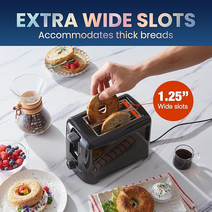 Elite Gourmet ECT1027B Cool Touch Toaster with 6 Temperature Settings & Extra Wide 1.25" Slots for Bagels,Waffles,Specialty Breads,Puff Pastry,Snacks,ETL Certified,2 Slices,Black,(Pack of 8)