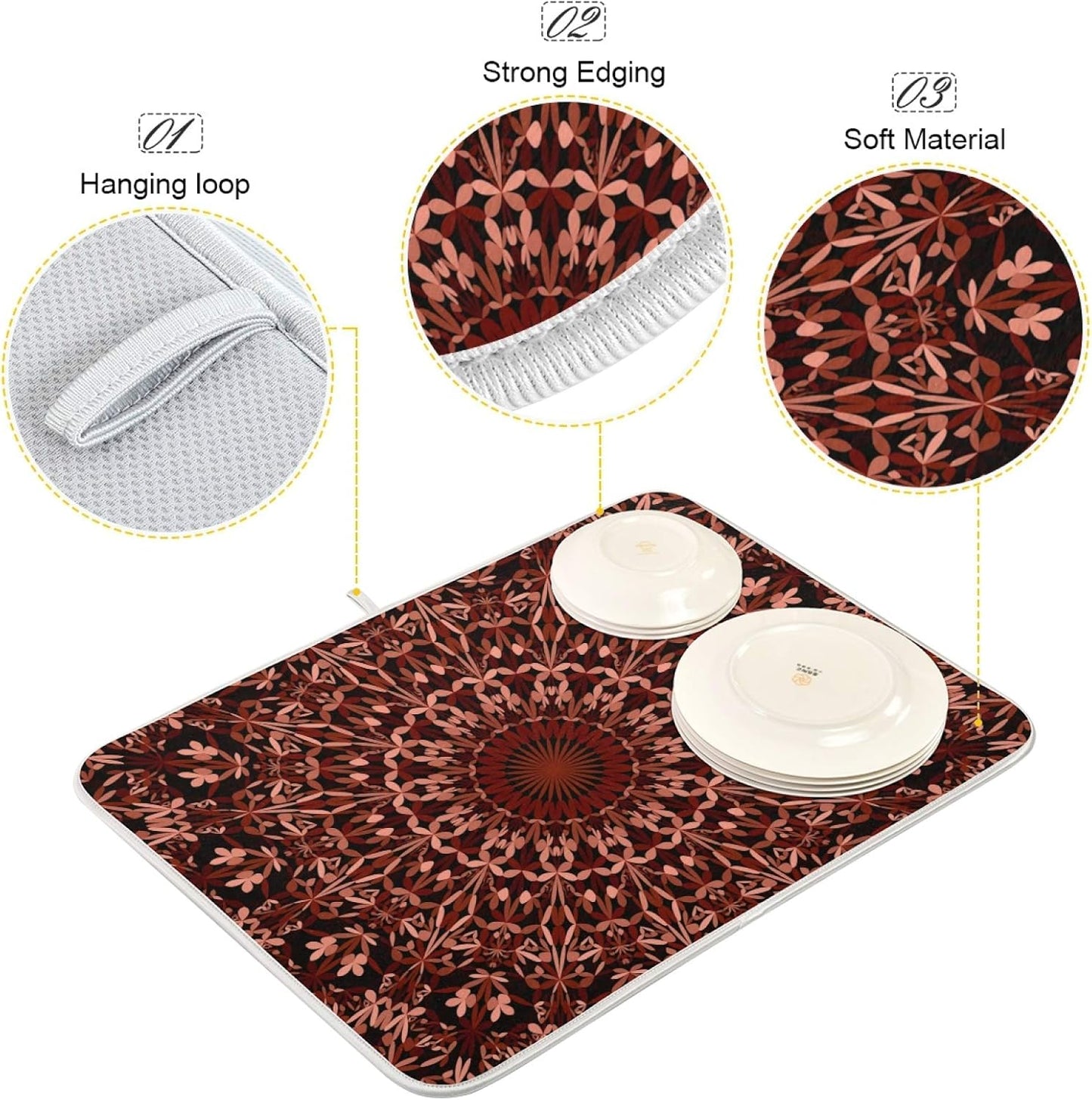 Super Absorbent Dish Drying Mat, Microfiber Fast-Drying Dish Mat, 16" x 18", Kitchen Dish Drying Pad, Mandala Maroon Boho