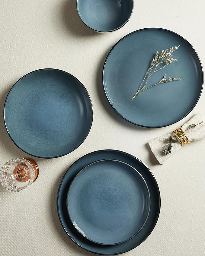 24 Piece Dinnerware Set for 8, Santorini Mist Terracotta Plates and Bowls Sets, Complete Stoneware Dish Set for Large Families and Entertaining, Microwave & Dishwasher Safe, Jeans Blue