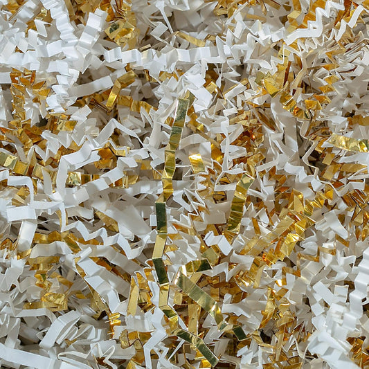 MagicWater Crinkle Cut Paper for Gift Baskets - 2LB - White & Gold - Perfect for Shredded Paper Filler, Basket Filler, Gift Boxes, Bridesmaid Gifts, Halloween Stuffers & More – Ideal for All Occasions