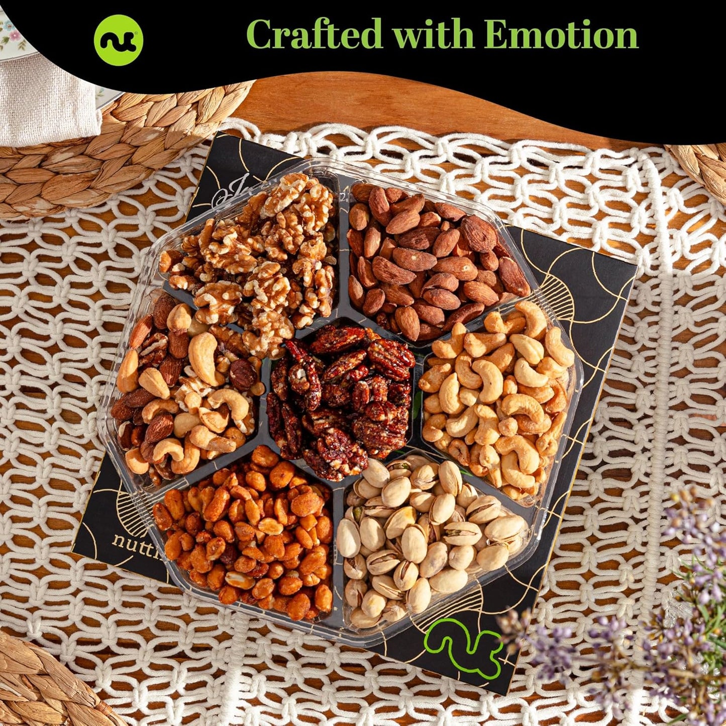 NUT CRAVINGS - Mixed Nuts Gift Basket in Black Gold Box (7 Assortments, 1 LB) Food Arrangement, Healthy Snack Care Package, Food Assortments
