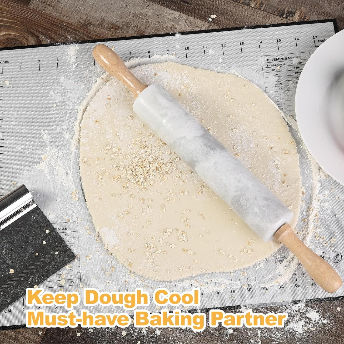 Koville African Natural Marble Rolling Pin, Non-Stick Polished Dough Roller, Pasta, Dumpling, Fondant, Pie Crust, Bread, Pizza Dough, Kitchen Baking Pastry Tools with Mat/Scraper(Grigio Fantasy)