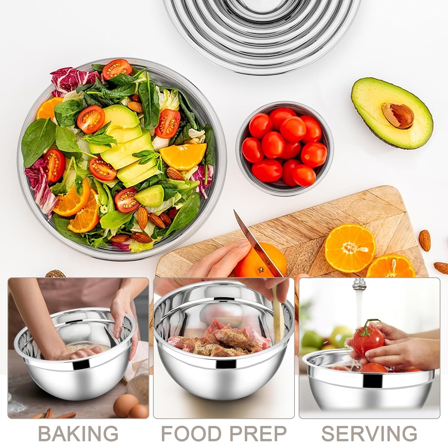 E-far Mixing Bowls with Lids Set, 7-Piece Stainless Steel Metal Mixing Bowls with Grater Attachments, Size 4.6, 3.5, 2.6, 2, 1.5, 1, 0.7QT, Nesting Design & Khaki Airtight Lids, For Cooking/Serving