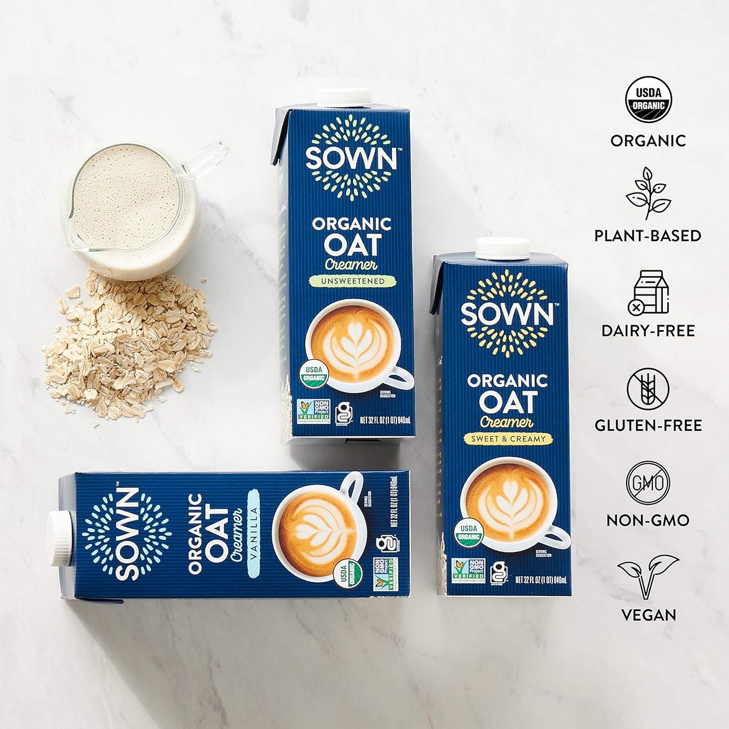 SOWN Organic Oat Creamer Sweet & Creamy - Barista Oat Milk Non Dairy Coffee Creamer - Plant Based, Dairy-Free, Vegan, Gluten-Free, Non-GMO, Shelf Stable - 32oz (Pack of 6)