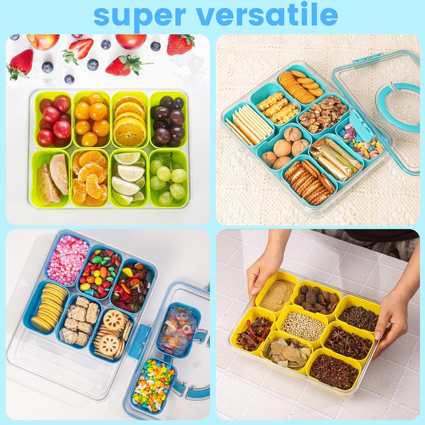 Divided Serving Tray with Lid and Handle - Snackle Box Charcuterie Container for Portable Snack Platters Organizer for Candy, Fruits, Nuts, Snacks - Perfect for Party, Entertaining, Green