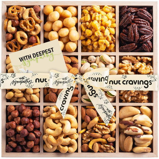 NUT CRAVINGS Gourmet Collection - Sympathy Condolence, Nuts Gift Basket with Sympathy Ribbon + Greeting Card in Reusable Wooden Tray (12 Assortments) Food Platter Healthy Snack Care Package, Food Assortments