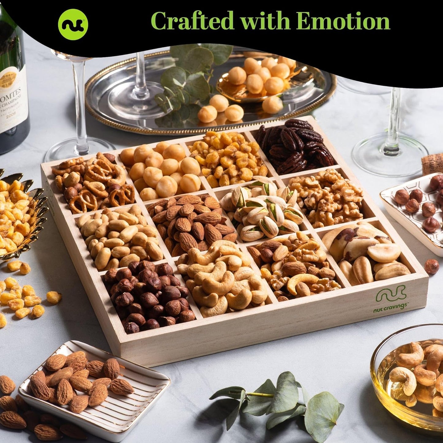 NUT CRAVINGS Gourmet Collection - Sympathy Condolence, Nuts Gift Basket with Sympathy Ribbon + Greeting Card in Reusable Wooden Tray (12 Assortments) Food Platter Healthy Snack Care Package, Food Assortments