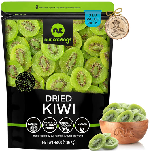 NUT CRAVINGS - Sun Dried Kiwi Slices, Lightly Sweetened (48oz, 3 LB, Bulk) Bulk Dry Fruits Packed Fresh in Resealable Bag - Sweet Healthy Snack, Naturally Grown, Vegan, Kosher