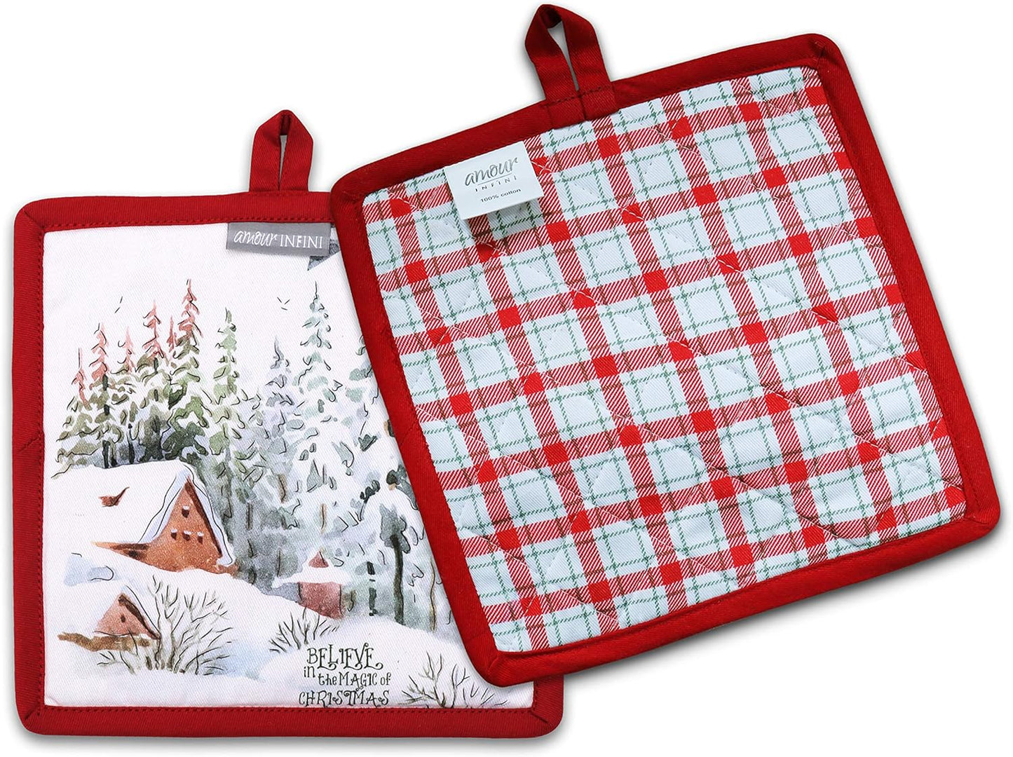 AMOUR INFINI Pot Holders Heat Resistant Cotton Set of 2 Nonslip 8"x8" Inch Hot Pads for Kitchen, BBQ, Baking & Cooking with Hanging Loops (Christmas Winter)