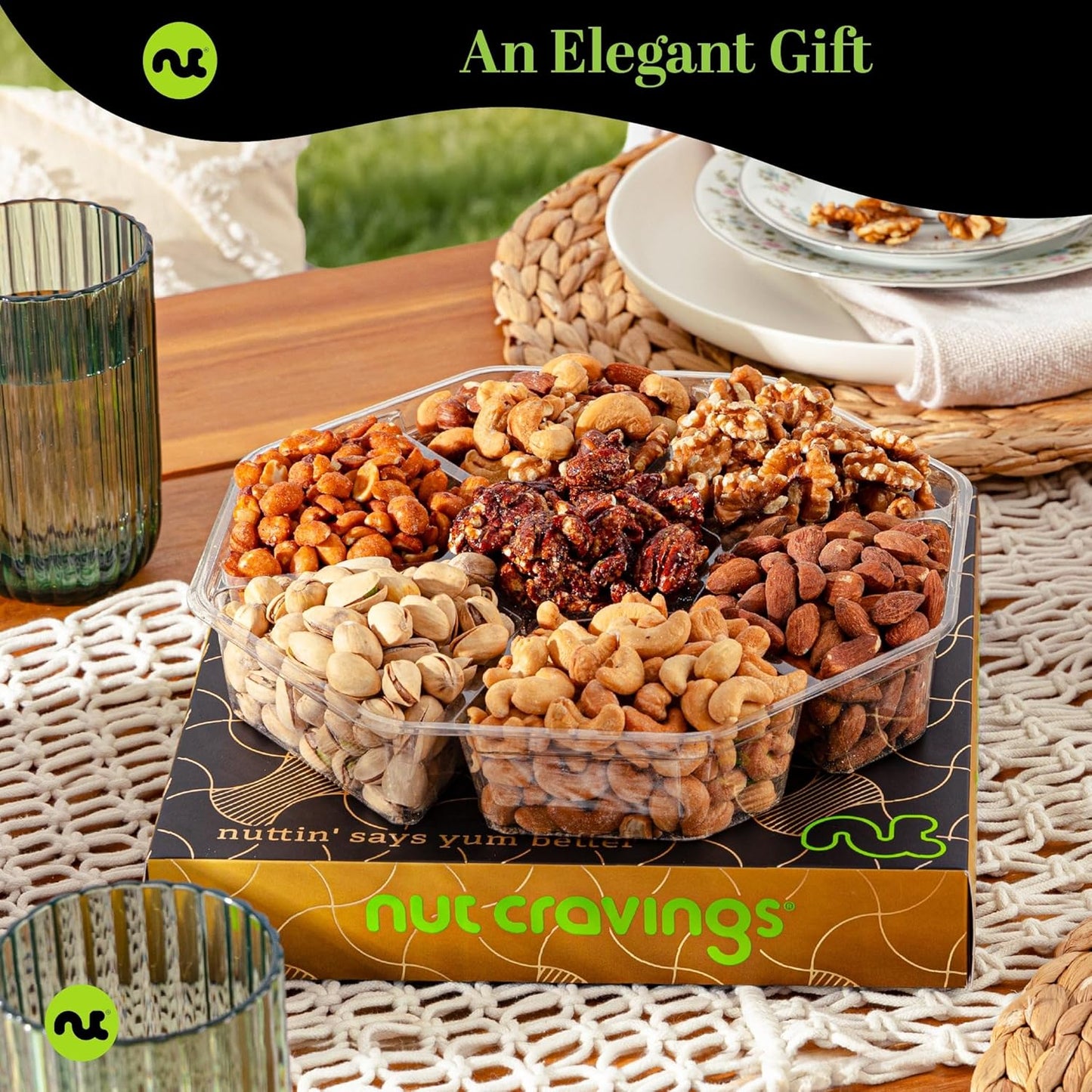 NUT CRAVINGS - Mixed Nuts Gift Basket in Black Gold Box (7 Assortments, 2 LB) Food Arrangement, Healthy Snack Care Package, Food Assortments