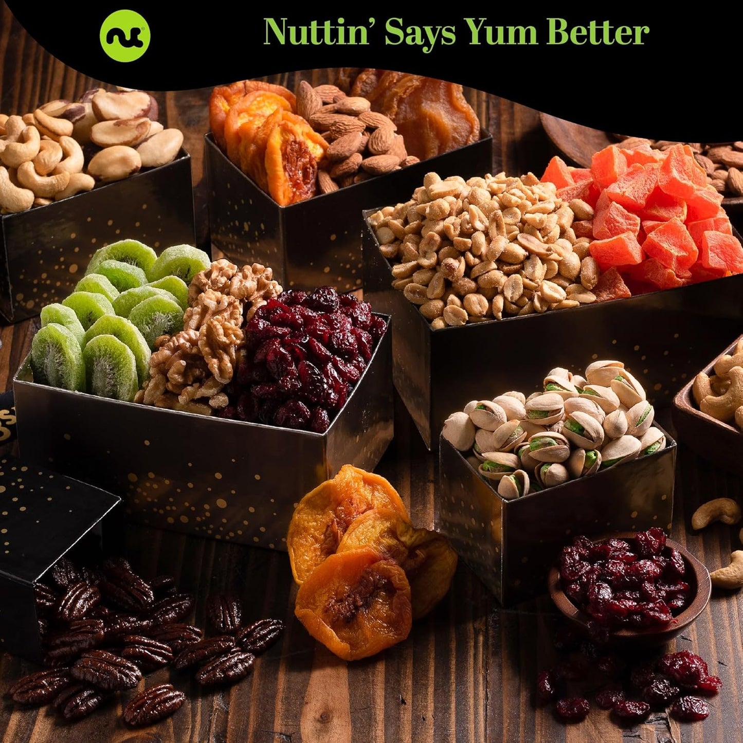NUT CRAVINGS Gourmet Collection - Thank You Appreciation, Nuts & Dried Fruits Tower Gift Basket, with TY Ribbon + Greeting Card (12 Assortments) Food Arrangement, Healthy Snack, Food Assortments