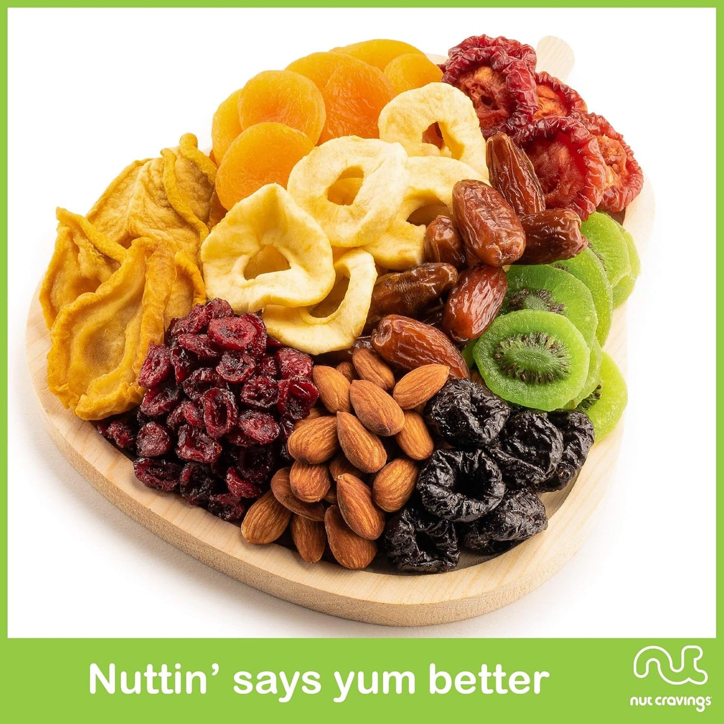 NUT CRAVINGS - Rosh Hashana & Shana Tova Dried Fruit & Mixed Nuts Gift Basket in Wooden Pear-Shaped Tray (9 Assortments) Food Arrangement, Healthy Snack Care Package, Food Assortments