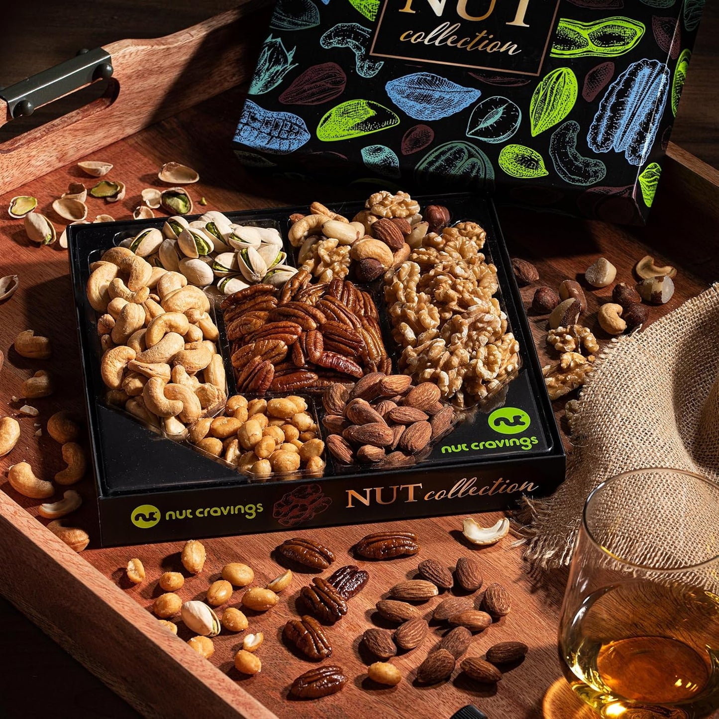 NUT CRAVINGS - Nut Collection Gift Basket in Elegant Box (7 Assortments) Food Arrangement, Healthy Snack Care Package, Food Assortments